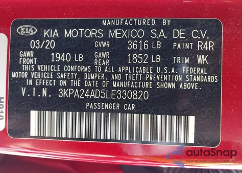 2020 Kia Rio S z USA, uszkodzony, nr VIN 3KPA24AD5LE330820